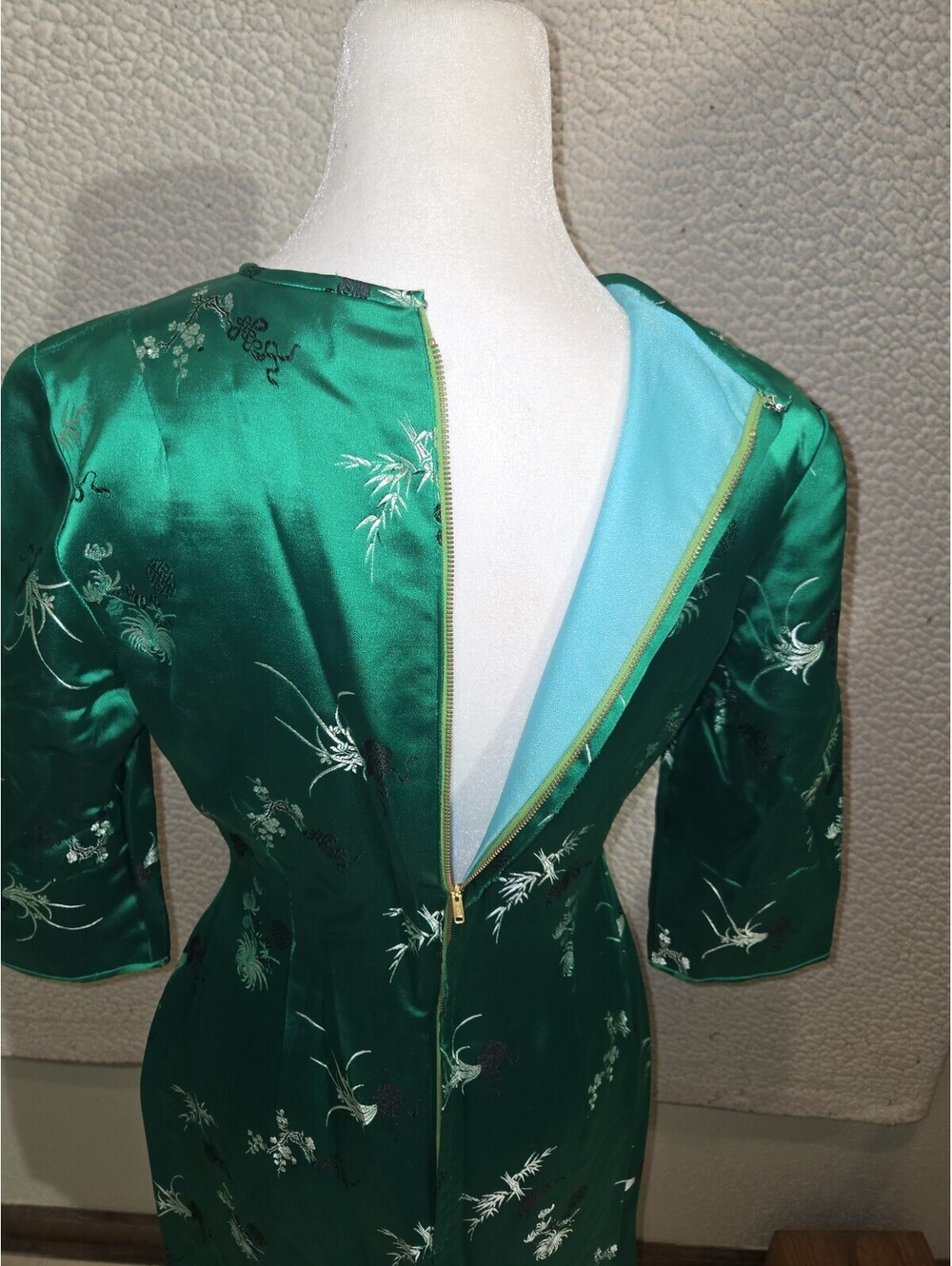 vintage silk blend dress Emerald Green Embroidered Floral Asian Inspired 90s - Picture 4 of 11
